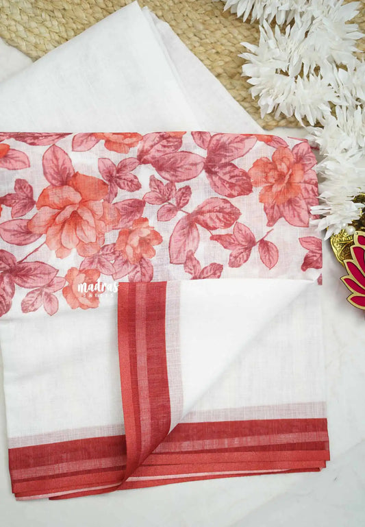 Floral printed linen cotton saree -  White with red