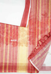 Floral printed linen cotton saree -  White with red