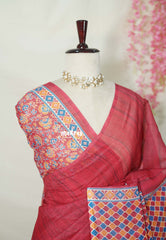 crimson red - Pragathi - Linen Cotton Saree with Ajrakh Pallu and Blouse - Best for Office Wear | Casual Wear