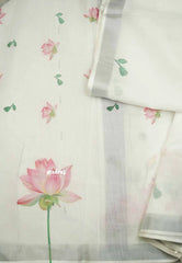 Linen cotton with lotus prints silver tissue border - White color