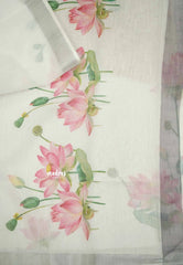 Linen cotton with lotus prints silver tissue border - White color