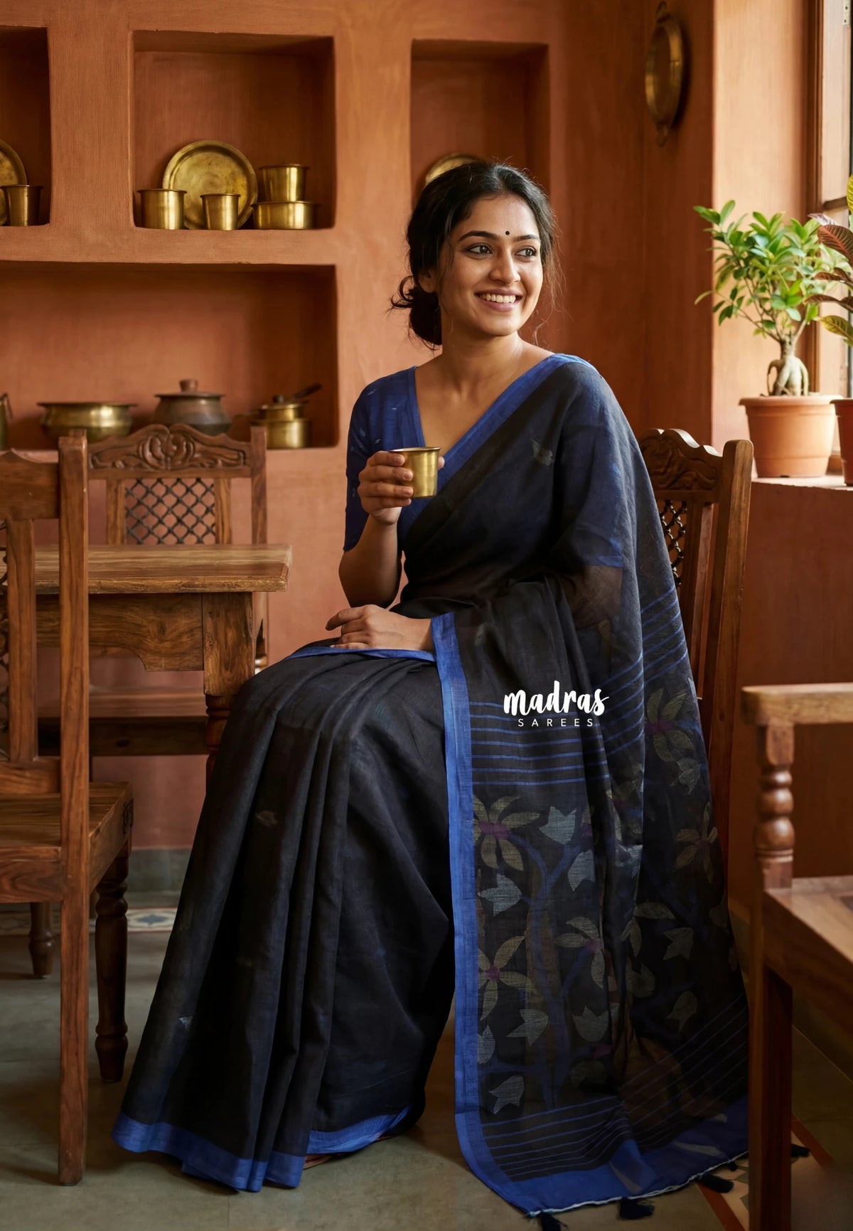Jet Black - Linen Cotton Saree with Jamdani Printed Pallu - Best for Office Wear | Casual Wear
