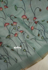 (PRE-BOOKING) Muted Aqua Blue - Linen Cotton Saree with Floral Prints - Best for Office Wear | Casual Wear