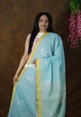 Pastel Aqua Blue - Linen Cotton Saree Floral Print with Tiny Border - Best for Office Wear | Casual Wear | Doctors | Professors | Teachers Friendly