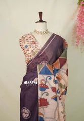 (PRE-BOOKING) Wine Plum Purple - Linen Cotton Saree with Kalamkari Pallu and Blouse - Best for Office Wear | Casual Wear