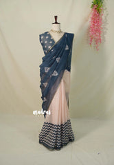 (PRE-BOOKING) Bluish Grey with Peach - Linen Cotton Saree with Half and Half Design - Best for Office Wear | Casual Wear