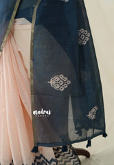 Bluish Grey with Peach - Linen Cotton Saree with Half and Half Design - Best for Office Wear | Casual Wear