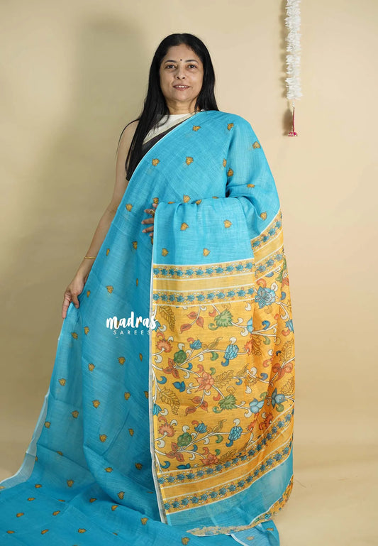 Sky Blue - Light weight Linen cotton with kalamkari pallu and blouse