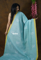 Pastel Aqua Blue - Linen Cotton Saree Floral Print with Tiny Border - Best for Office Wear | Casual Wear | Doctors | Professors | Teachers Friendly