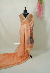 Peach Orange - Linen Cotton Saree Lotus Buttas with Tiny Border  - Best for Office Wear | Casual Wear