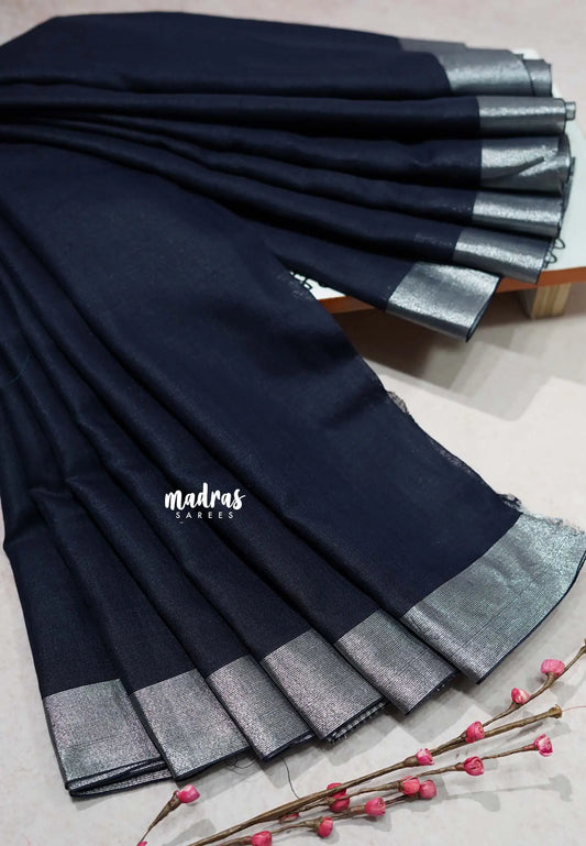 Midnight Blue - Soft linen cotton with silver zari border