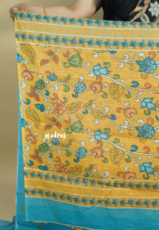 Sky Blue - Light weight Linen cotton with kalamkari pallu and blouse