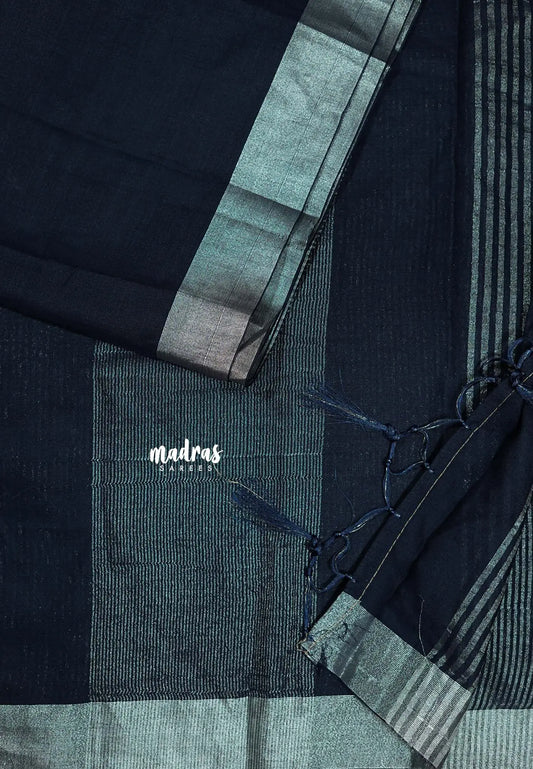 Midnight Blue - Soft linen cotton with silver zari border