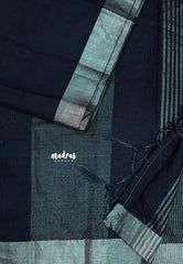 Midnight Blue - Soft linen cotton with silver zari border
