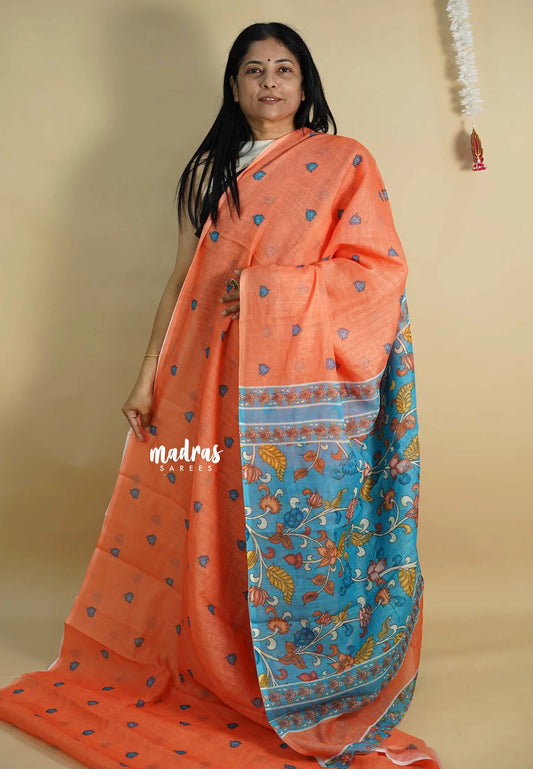 Peach Orange - Light weight Linen cotton with kalamkari pallu and blouse