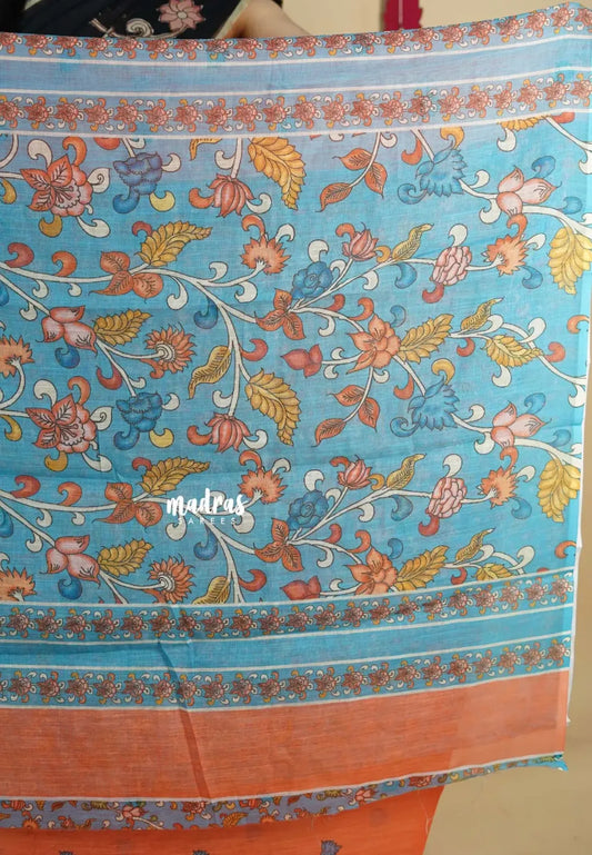 Peach Orange - Light weight Linen cotton with kalamkari pallu and blouse
