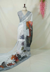 Daisy White - Linen Cotton Saree Gradient with Tissue Border and Modern Print - Perfect for Office Wear | Summer wear | Casual Wear