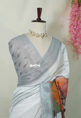 Daisy White - Linen Cotton Saree Gradient with Tissue Border and Modern Print - Perfect for Office Wear | Summer wear | Casual Wear