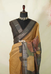 Mustard Glow - Linen Cotton Saree Gradient with Tissue Border and Big Floral Print - Perfect for Office Wear | Summer wear | Casual Wear