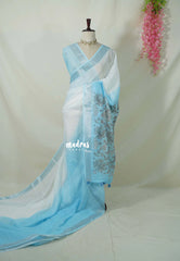 White with Sky Blue - Linen Cotton Saree Gradient with Tissue Border and Floral Print Pallu - Perfect for Office Wear | Summer wear | Casual Wear