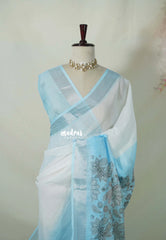 White with Sky Blue - Linen Cotton Saree Gradient with Tissue Border and Floral Print Pallu - Perfect for Office Wear | Summer wear | Casual Wear