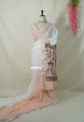 White with Peach - Linen Cotton Saree Gradient with Tissue Border and Floral Print Pallu - Perfect for Office Wear | Summer wear | Casual Wear