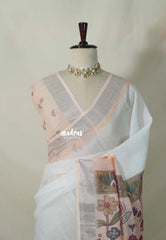White with Peach - Linen Cotton Saree Gradient with Tissue Border and Floral Print Pallu - Perfect for Office Wear | Summer wear | Casual Wear