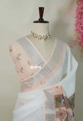 White with Peach - Linen Cotton Saree Gradient with Tissue Border and Floral Print Pallu - Perfect for Office Wear | Summer wear | Casual Wear