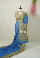 Soft Cobalt Blue - Linen Cotton Saree Checks with Floral Border - Best for Office Wear | Casual Wear
