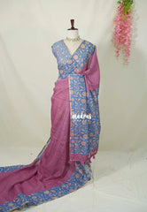 Rosewood Pink - Linen Cotton Saree Checks with Floral Border - Best for Office Wear | Casual Wear