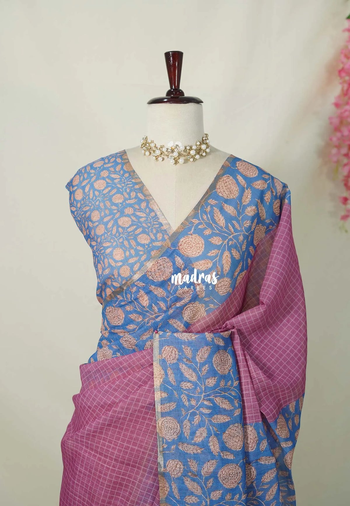 Rosewood Pink - Linen Cotton Saree Checks with Floral Border - Best for Office Wear | Casual Wear