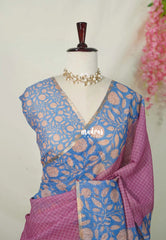 Rosewood Pink - Linen Cotton Saree Checks with Floral Border - Best for Office Wear | Casual Wear