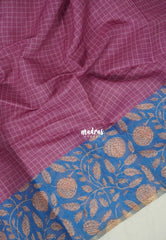 Rosewood Pink - Linen Cotton Saree Checks with Floral Border - Best for Office Wear | Casual Wear