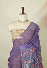 Lavender Purple - Linen Cotton Saree Checks Body with Kalamkari Pallu and Blouse - Best for Office Wear | Casual Wear