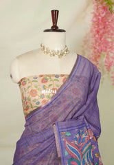 Lavender Purple - Linen Cotton Saree Checks Body with Kalamkari Pallu and Blouse - Best for Office Wear | Casual Wear