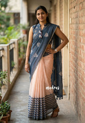 (PRE-BOOKING) Bluish Grey with Peach - Linen Cotton Saree with Half and Half Design - Best for Office Wear | Casual Wear