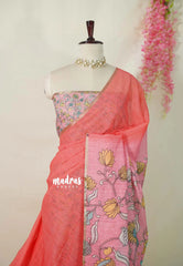 Deep Peach - Light weight Linen cotton with Kalamkari Pallu and Blouse - Best for Office Wear | Casual Wear