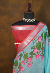 Sky Spark - Linen Cotton with Divine Lotus Border with Mangalgiri Border - Best for Small Functions