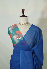 Cobalt Blue - Pragathi - Linen Cotton Saree with Madras Checks and Blouse - Best for Office Wear | Casual Wear