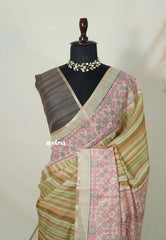 Olive Earthen Blend - Linen Cotton Saree Stripes with Contrast Blouse - Best for Office Wear | Casual Wear