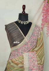 Olive Earthen Blend - Linen Cotton Saree Stripes with Contrast Blouse - Best for Office Wear | Casual Wear
