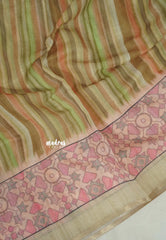 Olive Earthen Blend - Linen Cotton Saree Stripes with Contrast Blouse - Best for Office Wear | Casual Wear