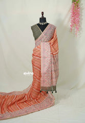 Sunset Corel Blend - Linen Cotton Saree Stripes with Contrast Blouse - Best for Office Wear | Casual Wear