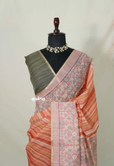 Sunset Corel Blend - Linen Cotton Saree Stripes with Contrast Blouse - Best for Office Wear | Casual Wear