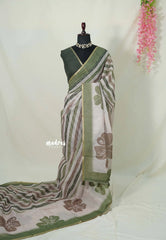 Muted Beige with Olive Green - Linen Cotton Saree with  horizontal wavy stripes and Contrast Blouse - Best for Office Wear | Casual Wear