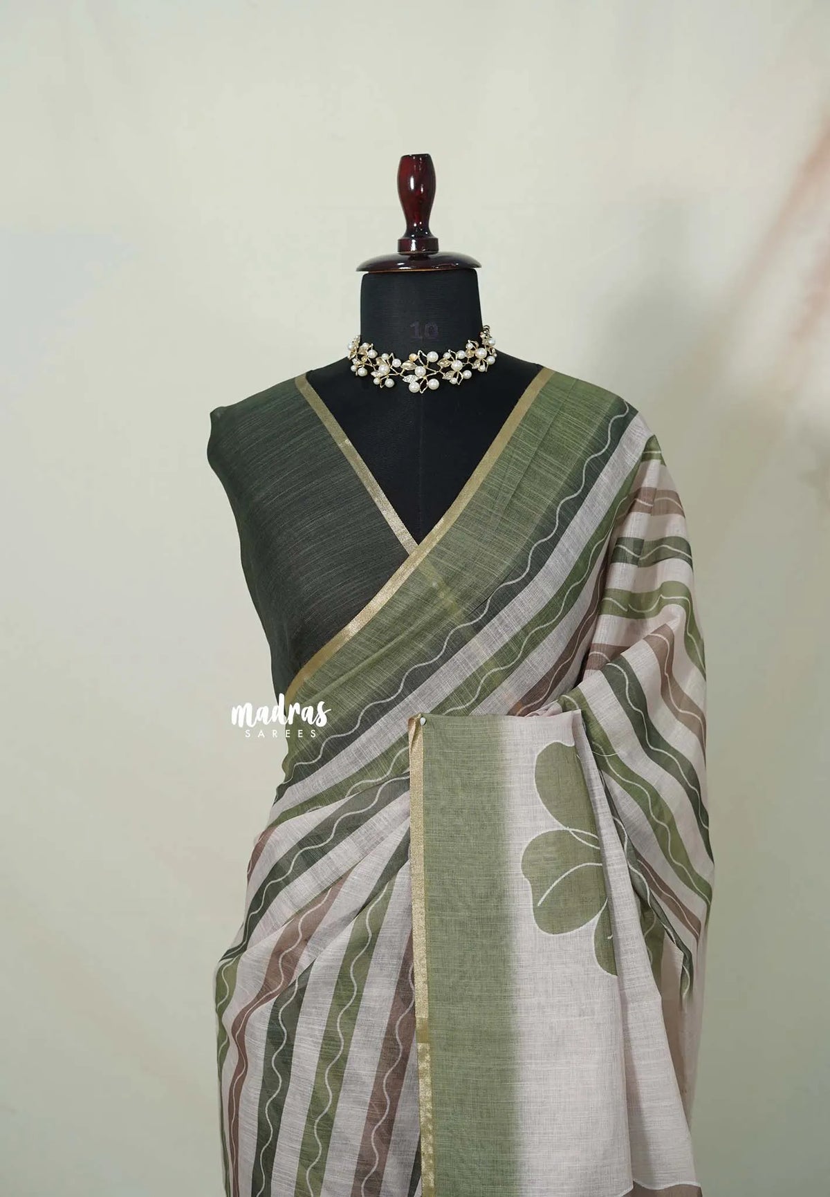 Muted Beige with Olive Green - Linen Cotton Saree with  horizontal wavy stripes and Contrast Blouse - Best for Office Wear | Casual Wear