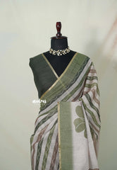 Muted Beige with Olive Green - Linen Cotton Saree with  horizontal wavy stripes and Contrast Blouse - Best for Office Wear | Casual Wear