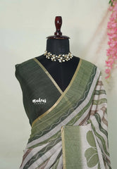 Muted Beige with Olive Green - Linen Cotton Saree with  horizontal wavy stripes and Contrast Blouse - Best for Office Wear | Casual Wear