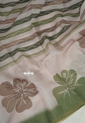Muted Beige with Olive Green - Linen Cotton Saree with  horizontal wavy stripes and Contrast Blouse - Best for Office Wear | Casual Wear