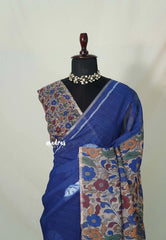 Indigo Blue - Linen Cotton Saree with Kalamkari Pallu and Blouse - Best for Office Wear | Casual Wear